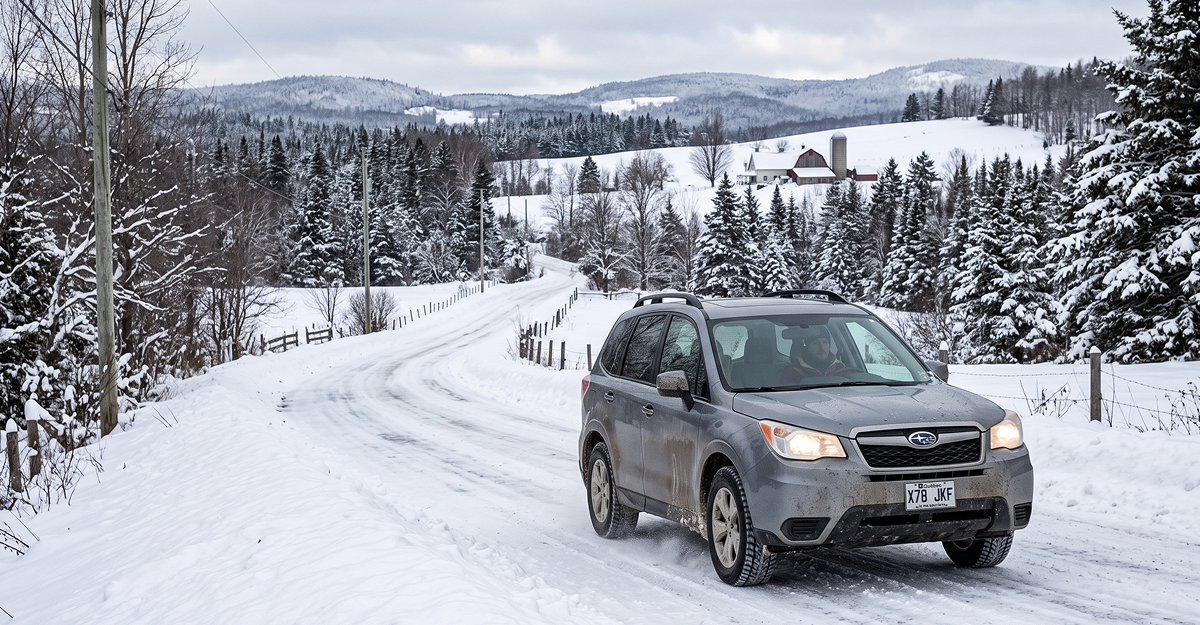 Used all-wheel-drive SUV on a snowy road in Quebec