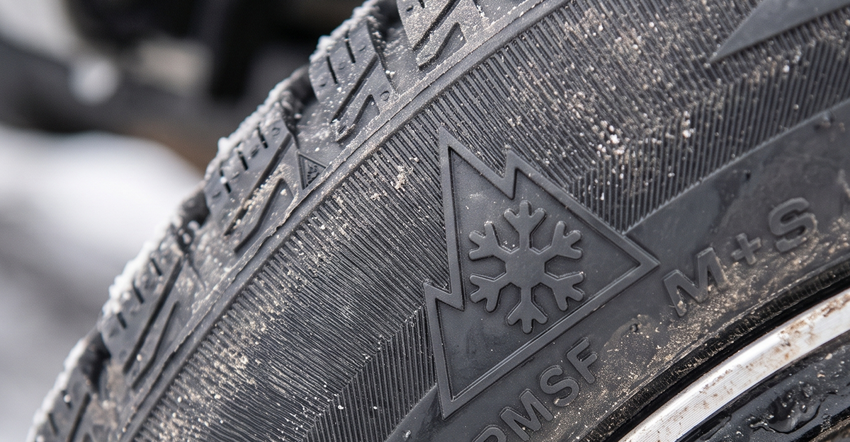 Mountain and snowflake pictogram on the sidewall of a winter tire