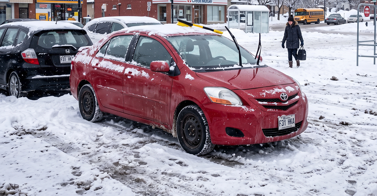 Front-wheel-drive car fitted with winter tires in a snowy parking lot